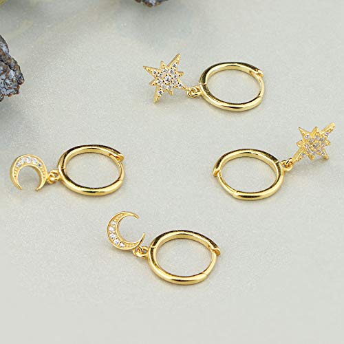 MILACOLATO 925 Sterling Silver Hoop Earrings for Women 18K Gold/Rhodium Plated Drop Dangle Hoop Earrings with Charms Cross Spike Moon Star Paperclip Link Statement Earrings Convertible Link Huggie Earrings Hypoallergenic - color: Gold Tone : 1Pairs CZ Sta