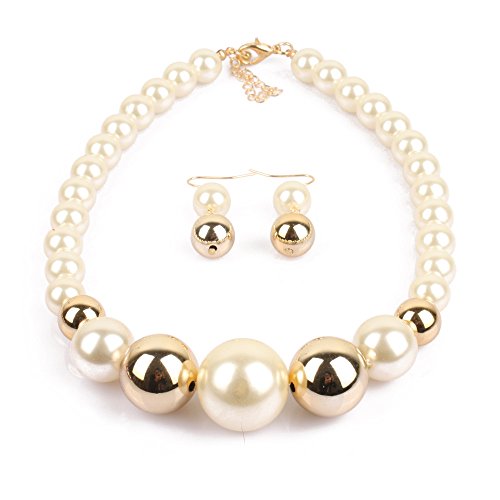 Fuqimanman2020 Chunky Large Simulated Pearl Choker Necklace Drop Dangle Earrings Crystal Bib Big Round Beaded Strand Multicolor Costume Statement Wedding Jewelry Set for Women Brides - color: White B