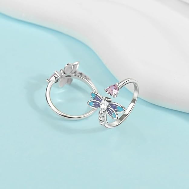 PARCOM Adjustable Women Stackable Ring, 925 Sterling Silver Open Rings - Trendy Eternity Cubic Zirconia Stackable Band Engagement Promise Ring for Her, Hypoallergenic Non Tarnish Nature Bird Floral Thumb Rings - color: Dragonfly Heart