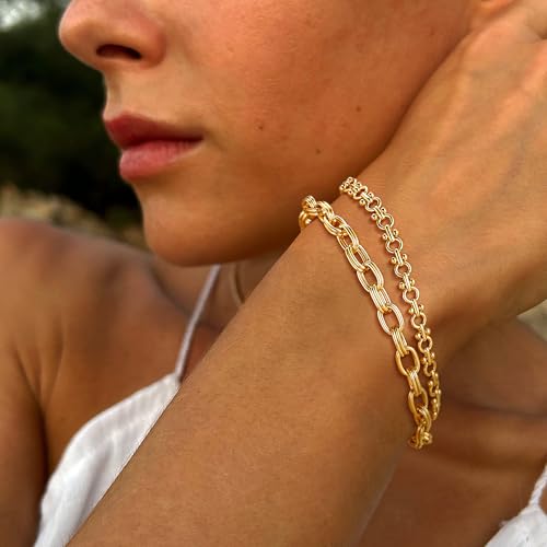 Dremmy Studios Gold Bracelet for Women 18K Gold Plated Dainty Paperclip Cubic Zirconia Disc Coin Star Cable Satellite Bead Pearl Simple Boho Minimalist Stacking Layered Link Jewelry Gift - color: Circles Chain