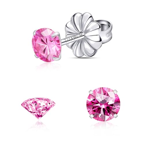 Moissanite Stud Earrings, G23 Hypoallergenic Titanium Stud Earrings for Women Men, Round Cut D Color VVS1 Clarity 18K White Gold Palted Multicolor Moissanite Jewelry, 0.6CT-3.0CT - color: Pink, size: (0.3ct*2)-4mm-0.6 Carat