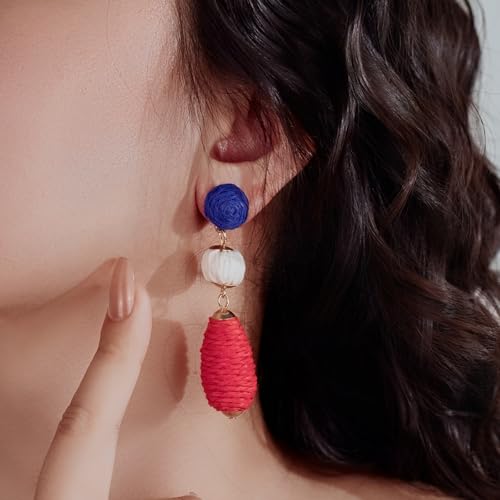 Boho Raffia Earrings Statement Dangle Earrings Cute Teardrop Ball Earrings Colorful Summer Jewelry Handmade Rattan Earrings for Women - color: Red/White/Blue