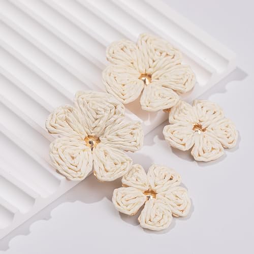 Boho Flower Earrings Statement Raffia Dangle Earrings Cute Floral Jewelry Trendy Summer Beach Vacation Outfits for Women - color: Ivory