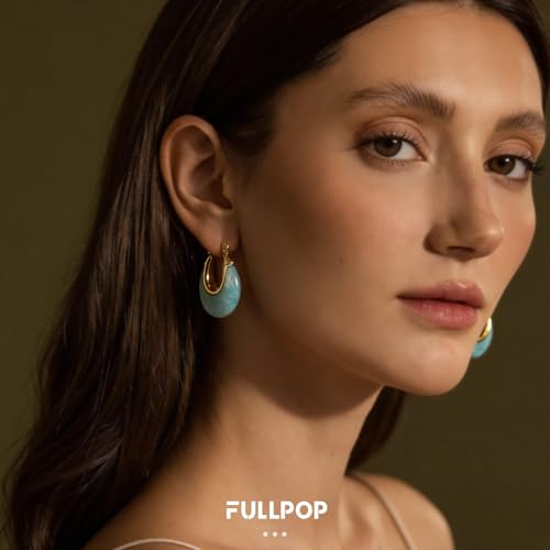 Fullpop Vintage Earrings for Women, Chunky 14K Gold Plated Resin Hoop Earrings Lightweight Hollow Drop Earrings Hypoallergenic Earrings for Women Vintage Anthropologie Jewelry Gifts for Women - size: Round-Blue