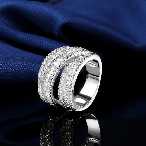 MDFUN 18K White Gold/Yellow Gold Plated Halo Wedding Eternity Ring for Women, 3 Rows Emerald Cut Cubic Zirconia Rings Statement Band Size 5-10 - color: White Gold