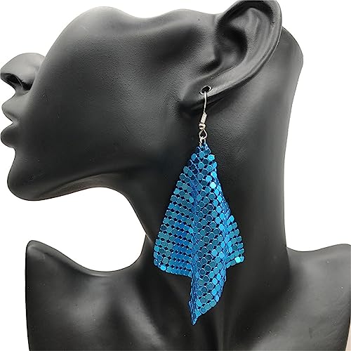 coadipress Metal Mesh Grid Sequins Tassel Long Drop Dangle Earrings for Women Trendy Lightweight Charms Disco Vintage Colorful Long Hook Earrings Bridal Wedding Jewelry - color: Blue