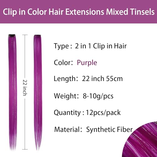 12pcs Clip in Purple Hair Extensions, 22 Inch Rainbow Hair with Silver Tinsels, Colorful Holiday Party Highlights for Women - color: Purple