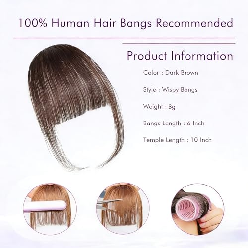 Clip in Bangs 100% Real Human Hair Extensions Wispy Dark Brown Fake Hair Pieces for Women Fringe with Temples Daily Wear - color: Dark Brown, size: Wispy Bangs