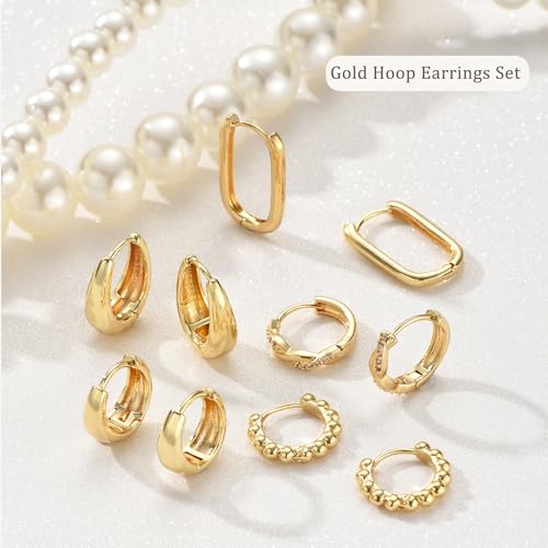 9 Pairs Small Gold/Silver Hoop Huggie Earrings Set for Women, 14K Gold Plated Chunky Hoop Small Earring Hypoallergenic Thick Open Lightweight Chunky Hoop Earrings Jewelry for Gifts - color: gold-standard