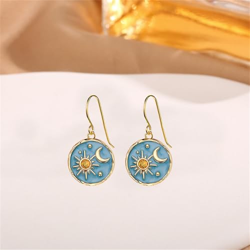 Dreuyet Vintage Boho Sun and Moon Drop Dangle Earrings for Women Handmade Unique Lightweight Antiqued Gold Silver Round Coin Greek Mythology Earrings Jewelry Gifts - color: Gold Blue Black