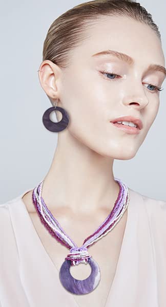 Coiris Multi Strand Statement Colorful Beaded Necklace with Big Circle Shell Pendant for Women - color: Loganbery