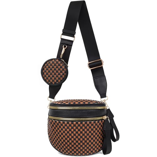 Valentoria Large Woven Leather Crossbody Bags for Women Checkered Bum Bag Sling Bag Purse Adjustable Strap Detachable Wallet | Woven - color: Black&brown Checkered
