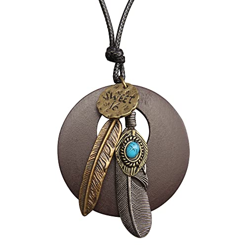 Leather Necklace for Women Long Boho Necklace Bohemian Choker Vintage Necklace Braided Boho Jewelry with Adjustable Brown Leather Cord - color: Feather Wood Necklace