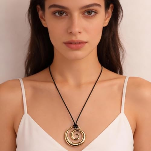 Frodete Statement Necklace for Women Chunky Gold Necklaces Long Pendant Necklace Boho Necklaces Gold Pendant Jewelry Cowboy Chic Style Cowgirl Outfit - color: Z11:Spiral Pendant necklace