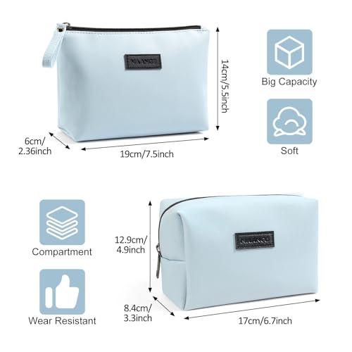 MAANGE Cosmetic Bags for Women Small Makeup Bag for Purse Pu Leather Makeup Pouch Travel Makeup Bag with Zipper Make Up Bag for Travelling - color: 2PCS Blue
