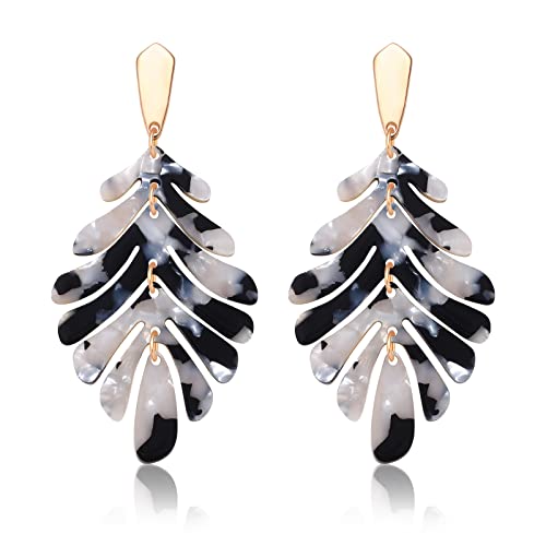 ARATLENCH Acrylic Pendant necklace Earrings – Long Statement Leaf Charm Necklace Tortoise Resin Palm Leaf Earrings Fashion Necklaces Earrings for Women - color: white black earrings
