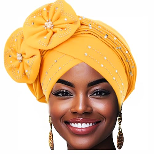 Woeoe Beanie Cap Head Wrap Black Rhinestones Head Scarf Flower Pearls Twisted Head Turban for Women Girls - color: Yellow