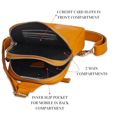 Leather Sling Bag for Women Genuine Crossbody Purse Small Trendy Cross Over Chest with Phone and Credit Card Slots (Mustard Nappa) - color: Mustard Nappa