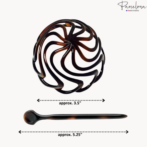 Parcelona French Swirls Celluloid Chignon Hair Slide Pin Thru 3.5" Bun Cover Ponytail Round Hair Clips for Women Styling Girls Hair Accessories No Slip Durable, Made in France(Tortoise Shell)
