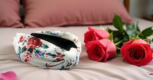 Fall Headbands for Women Satin OFF-White Rose Floral Warable All Day, Colorful, Silk Feel, Autumn Womens Knotted Headband Fashion Designer Top Knot Hair Head Band Girls - color: Off White