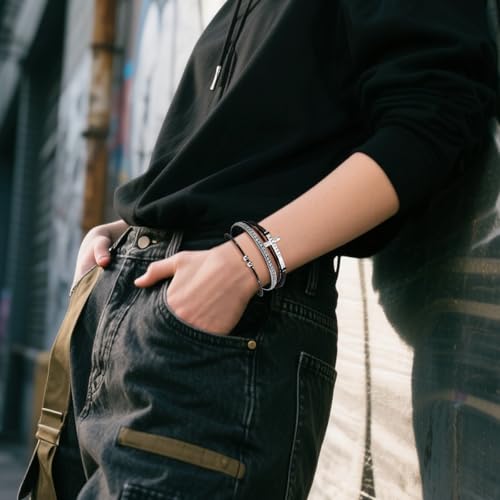 VIBILIA Boho Leather Wrap Bracelets for Women Men Multi-Layer Bracelets with Strong Clasp Western Jewelry - color: 11-Cross-Black