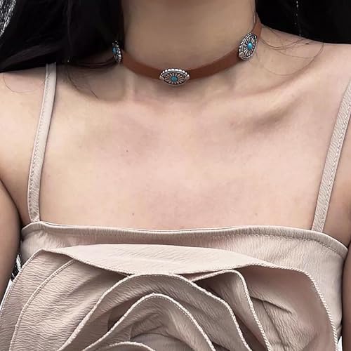 Olbye Bohemia Turquoise Choker Necklace Leather Choker Jewelry Suede Necklace for Women Boho Style