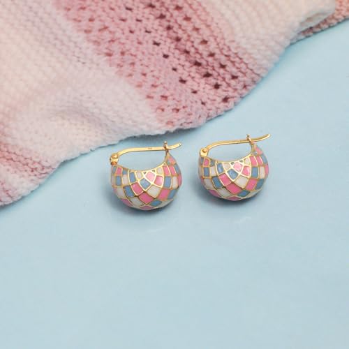 LeCalla 925 Sterling Silver Hoops Earrings | Hollow-Puff Shrimp Earring Hoops | Women's Gold-Plated Jewelry | Lightweight Electroforming Hoop Earring Jewelry for Birthday - style: Enamel Patchwork