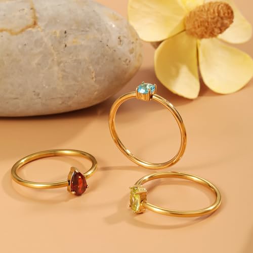 14K Gold Plated Stackable Rings for Women Non Tarnish - Dainty Cubic Zirconia Engagement Ring Set Colorful Birthstone Statement Promise Stacking Rings Size 6-9 - color: MIX COLOR