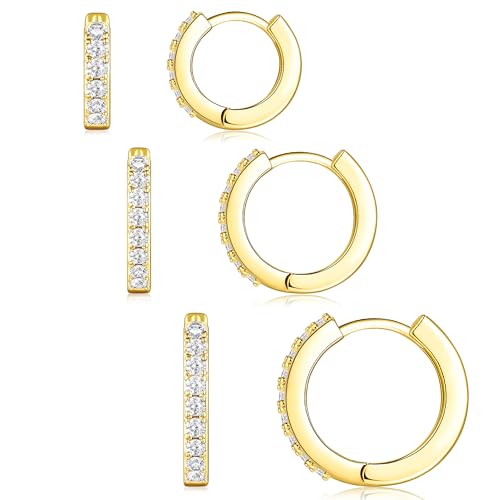 Poxtex Small Sterling Silver Huggie Hoop Earrings Set for Women, Hypoallergenic 14K Gold Plated Hoops Stacks for Multiple Piercings, Dainty Cute Mini Lightweight Cartilage Studs Trendy Jewelry Gift - color: Gold-cz hoops 8 10 12