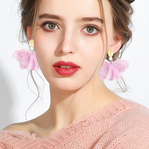 Handmade Fabric Flower Petal Fringe Dangle Drop Earrings Bohemian Floral Tassel Stud Earrings For Women - color: Light Pink