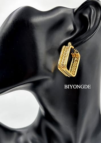 Gold Color Hoop Earrings for Women, Stainless Steel Wide Band Hoop Earrings with Twisted Rope Design, Womens Fashion Statement Dangle Earrings with Engraved Wheat Pattern - style: Square