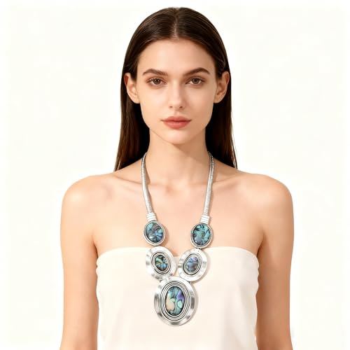 4 PCS Western Turquoise Jewelry for Women Boho Vintage Navajo Pearl Necklace Earring Bracelet Ring Set Country Cowgirl Accessories for Gift - color: Q-Blue（No Bracelet No Ring）
