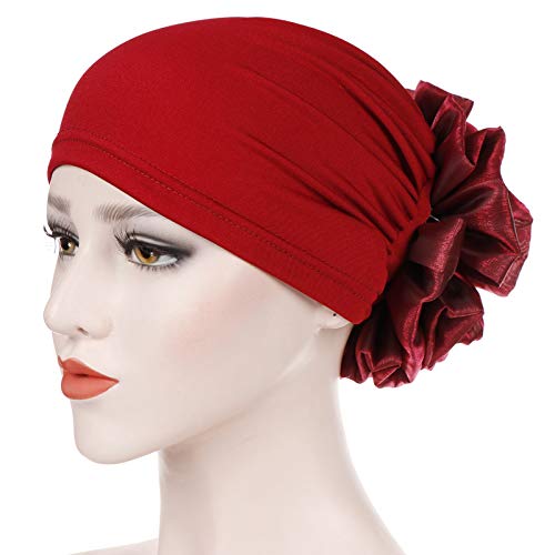 Women Big Flower Turban Hat Head wrap Headwear Cancer Chemo Beanie Cap Hair Loss Cover - color: Wine
