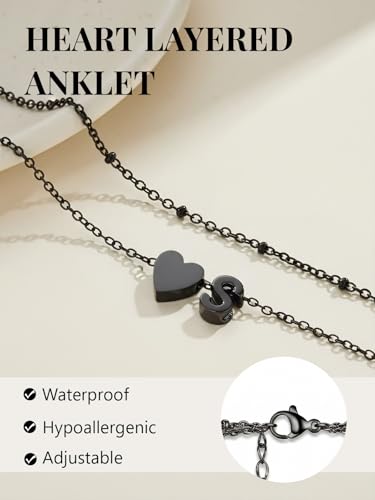 Silvora Ankle Bracelets for Women Waterproof 14K Gold/Silver/Black Initial Anklet for Women Dainty Layered Heart Ankle Bracelets Stainless Steel Adjustable Foot Chain Anklet Summer Beach Jewelry - color: Black-Stainless Steel, size: 24.X