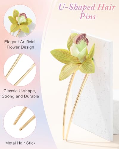 WELROG 3 Pack Hawaiian Orchid Flower Hair Pins,Metal Hair Sticks for Beach Vacation,Non-Slip Fork for Thick Hair Updo - color: White+Pink+Orange