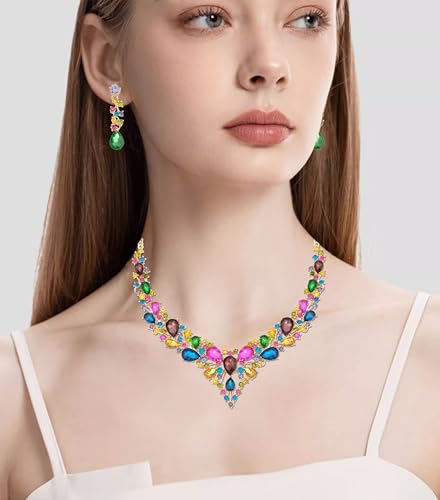 CSY 4 Pcs/Set Austrian Crystal Necklace Earrings Bracelet Ring Bridal Jewelry Sets for Brides Wedding Party Costume Accessories Gifts for Women - color: Multicolour