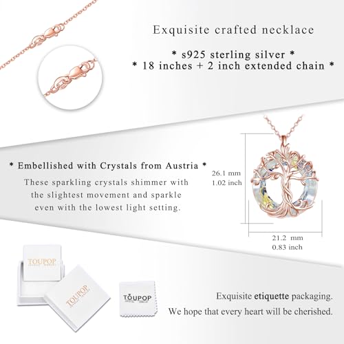 TOUPOP Tree of Life Necklace Gifts for Women 925 Sterling Silver Family Tree Pendant with Crystal Birthday Irish Jewelry Gifts for Women Her Wife Mom - color: 02-Rose Gold-White Crystal