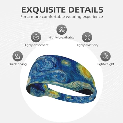 Black and Gold Swirl Liquid Ink Marble Workout Headbands Fashion Sports Sweatbands Yoga Hairbands for Fitness Athletic Non Slip Wicking Headscarf for Men Womens Girls Summer Accessories Elastic Bands - color: The Starry Night Van Gogh