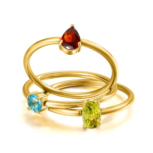 14K Gold Plated Stackable Rings for Women Non Tarnish - Dainty Cubic Zirconia Engagement Ring Set Colorful Birthstone Statement Promise Stacking Rings Size 6-9 - color: MIX COLOR