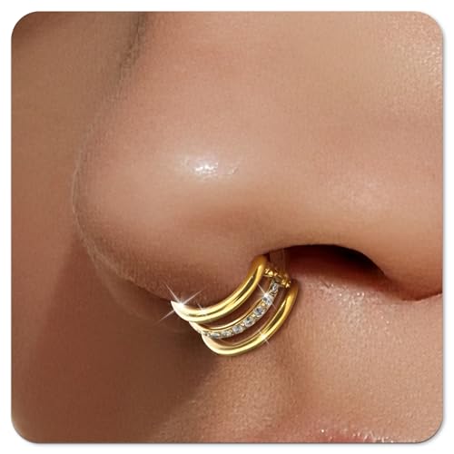 Small Cartilage Double/Triple-Hoop Helix Conch Piercing Earrings With Cubic Zirconia For Women Trendy 14K Gold Plated Titanium Surgical Stainless Steel Sets Nose Rings Hoops Septum Rings - color: 14K Gold, style: F-4Pairs-16Gauge-Triple CZ hoop