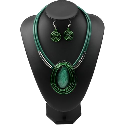 Ethnic Crystal Rhinestone Pendant Necklace Earrings Set Women Handmade Tribal Collar Choker Chunky Metal Bib Rope Chain African Statement Jewelry Set - color: NXR1484-green