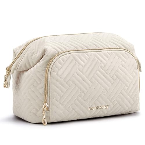 BAGSMART Travel Makeup Bag, Cosmetic Bag Small Make Up Organizer Case,Wide-open Pouch for Women Purse for Toiletries Accessories Brushes,Small Beige - color: D-1 Layer- Beige, size: Small