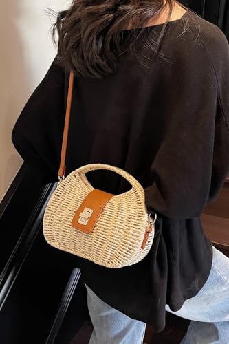 Handmade Straw Woven Bag Beach Clutch Purses Women Vacation Shell Shoulder Crossbody Summer Dumpling Handbag Basket Tote - color: B-beige