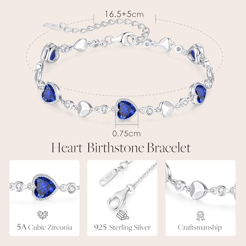 925 Sterling Silver Birthstone Heart Bracelet Jewelry Gift for Women | Rose Gold Plated Bracelets,Hypoallergenic,Adjustable Chain Personalized Anniversary Christmas Jewelry Gift for Mom Wife - color: 09-Sep