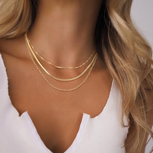 NECOCY 14K Gold Plated Layered Necklace for Women, Dainty Chain Necklace Stackable Trendy Cuban Link Rope Snake Chain Choker Simple Chunky Herringbone Necklace Stack Jewelry Set Gift for Women - style: 3PCS Layered-A