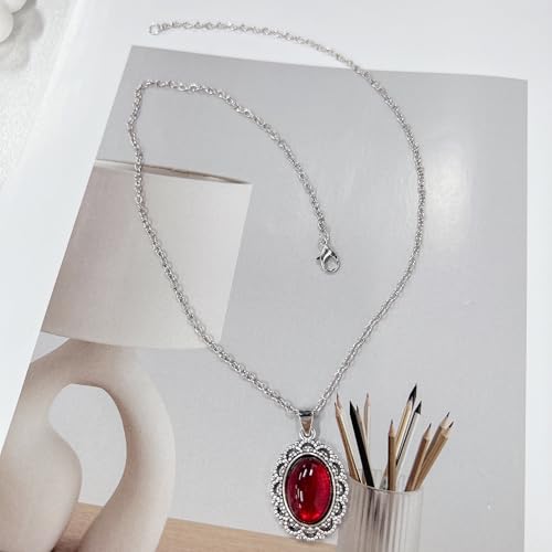 Vintage Oval Red Gemstone Pendant Antique Necklace for Women Goth Y2k Choker Punk Victorian Gothic Statement Crystal Cameo Oxidized Pewter Frame Charm Retro Clavicle Chain Halloween Party Jewelry 20'' - color: Red