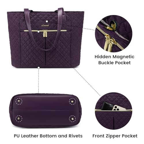 LOVEVOOK Laptop Bag for Women, Stylish Diamond Quilted Work Tote with Clutch Purse, 15.6-inch Purple Tote - color: Purple(quilted), size: 15.6 Inch