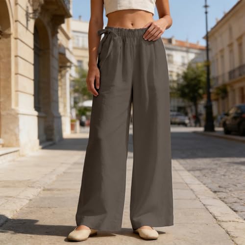 JiXiang Women's Palazzo Pants Wide Leg Boho High Waisted Side Drawstring Lounge Trousers Flowy Casual Loose Lightweight Pants - color: 1-army Green, size: XX-Large