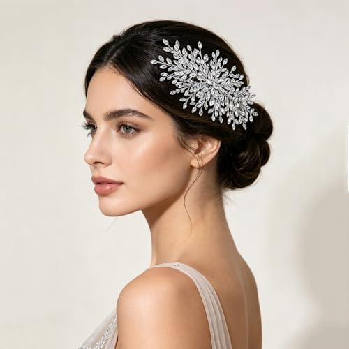 Rhinestone Leaf Wedding Hair Comb, Sparkly Bridal Hair Piece Accessories for Bride Bridesmaid Party Prom (Silver) - color: Silver