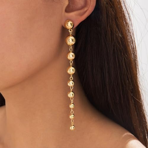 Dainty Gold Beaded Ball Dangly Earrings for Women, Statement Simple Silver Round Beads Long Tassel Drop Dangle Earring Party Prom Accessories Jewelry Gift - color: Gold